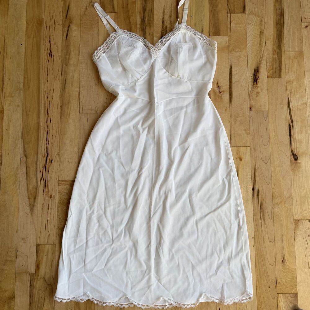 Vintage-Inspired Shadowline White Lace Slip Dress Coquette Nightgown